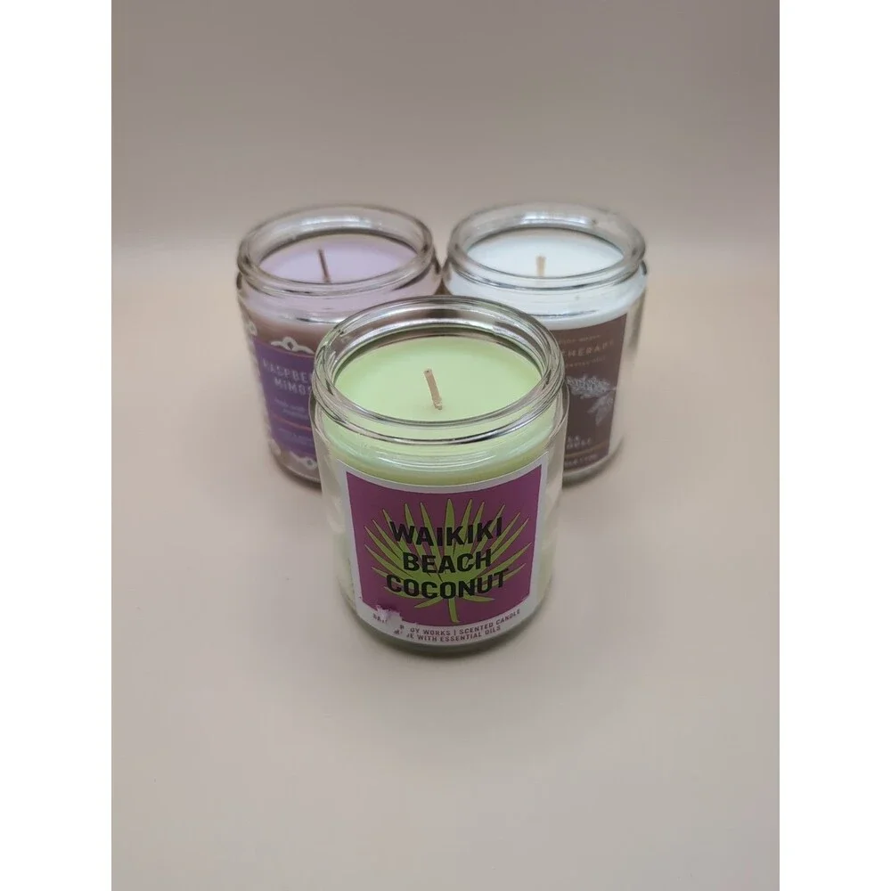 Bath & Body Works lot of 3 Candles 7oz Waikiki Beach Coconut, Raspberry Mimosa